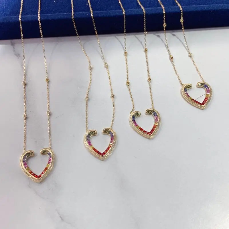 Natural Sapphire, Natural Diamond. Rainbow Color Heart Necklace.