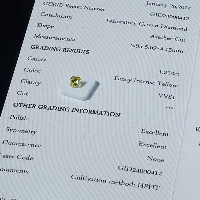 Loose Lab Diamond. Fancy Intense Yellow. 1.21 Carat. VVS1 Asscher Cut.