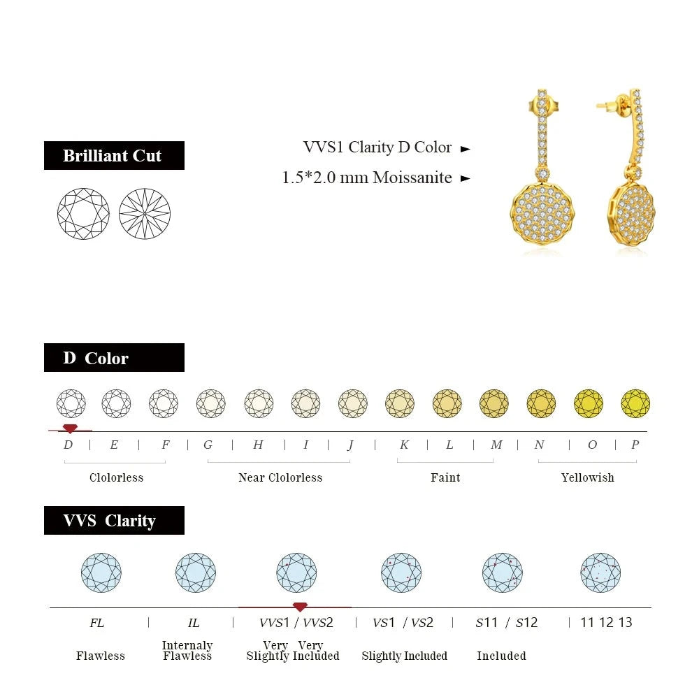 Luxury Moissanite Earrings. White - Yellow Gold Plated Silver Jewelry.