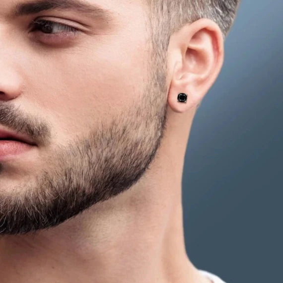 Black Moissanite Earrings. Cushion Cut. Gold Plated Silver.