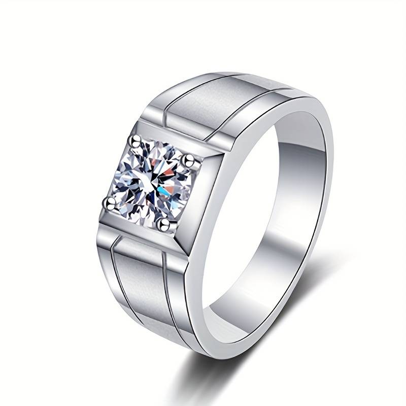 Moissanite Mens Rings. 2.0 Carat. D VVS1. 18K Gold Plated Silver.