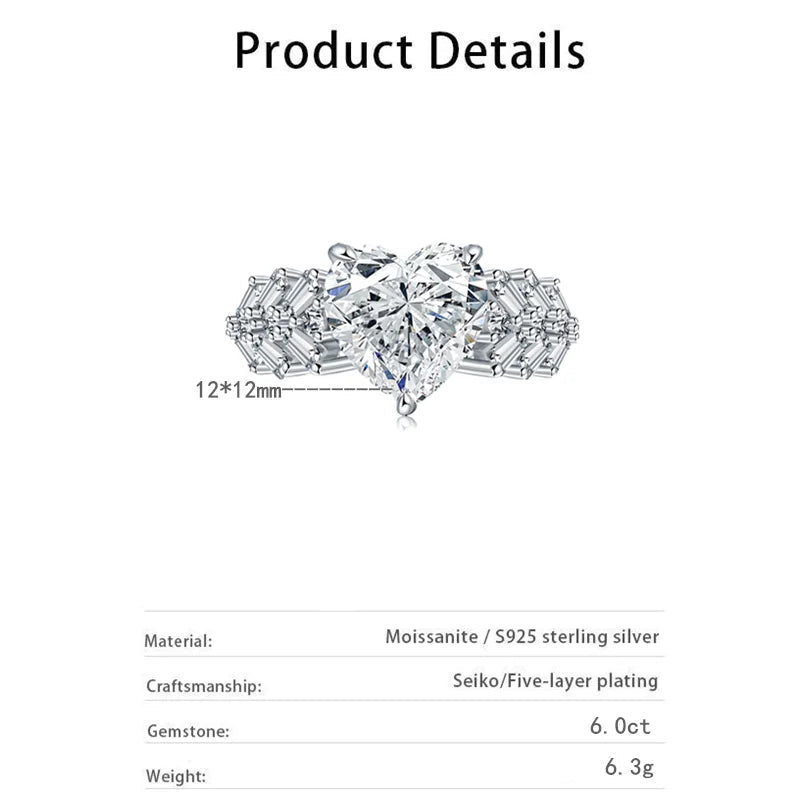 12×12mm D Color Heart Moissanite Ring