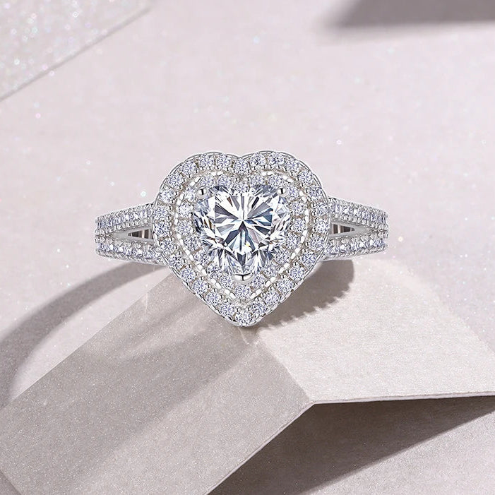 1 Carat Heart Shaped Moissanite Ring with Double Halo