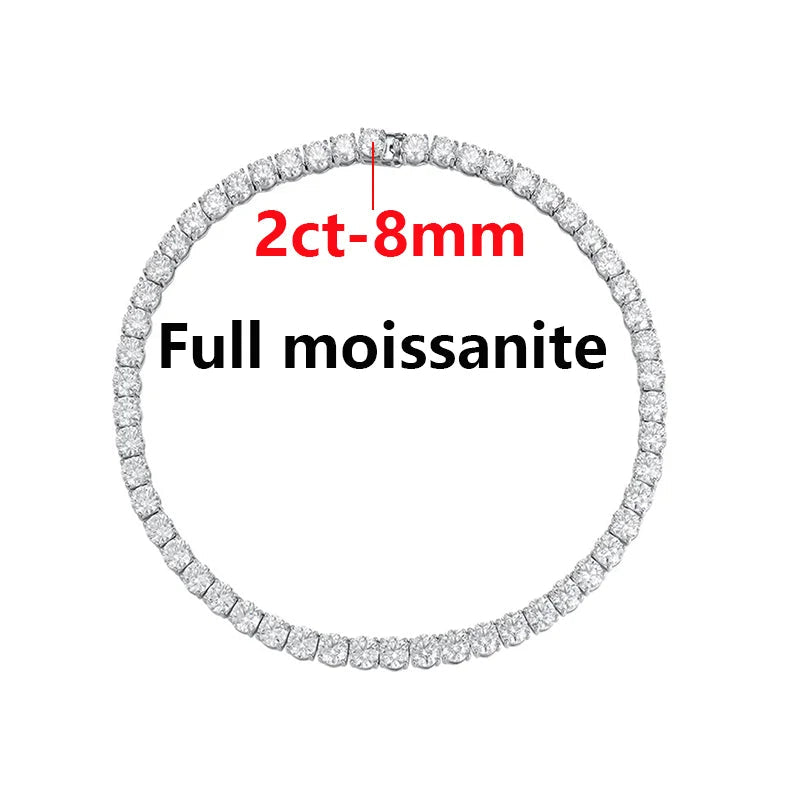 Diamond bracelet with text indicating '2ct-8mm', 'Full moissanite + 925 silver', and certification logos on a white background.