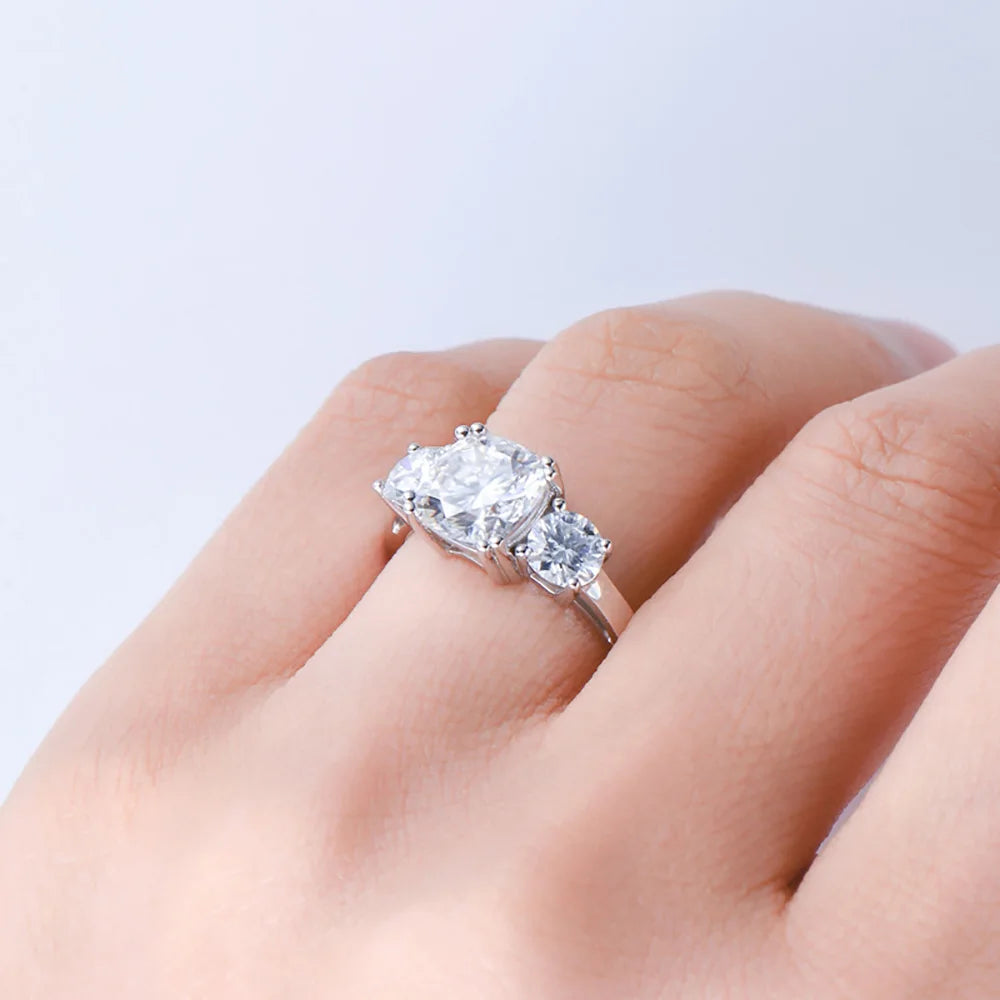 Total Cushion Cut D Color Moissanite 3-Stone Ring for Women