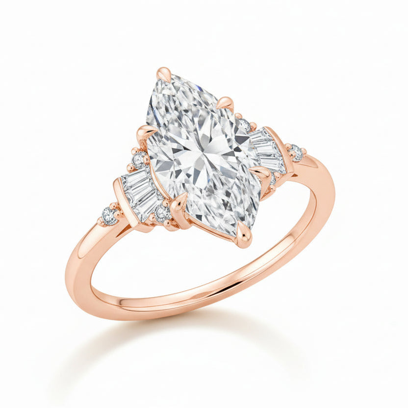 Rose gold ring with a large diamond and smaller diamonds on a light background