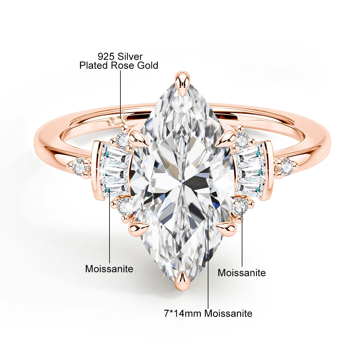 Rose gold ring with marquise-shaped gemstone and '925 Silver Plated' text on a white background