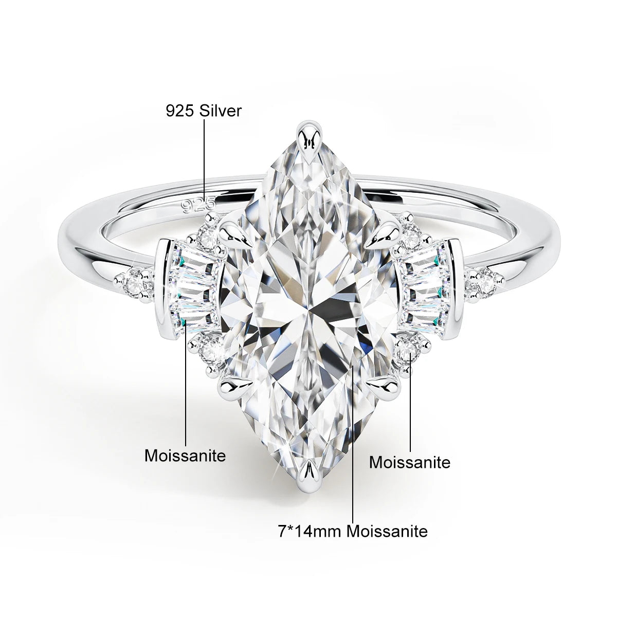 Silver ring with marquise-shaped gemstone and '925 Silver' text on a white background