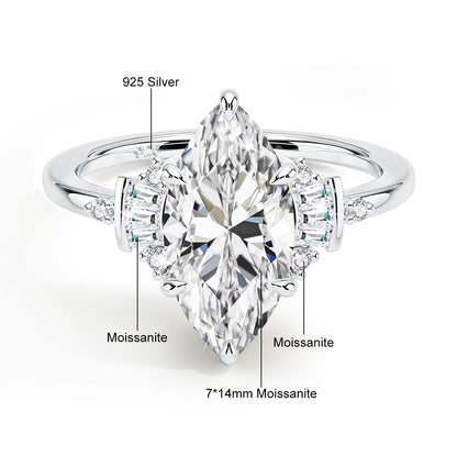 Silver ring with marquise-shaped gemstone and '925 Silver' text on a white background