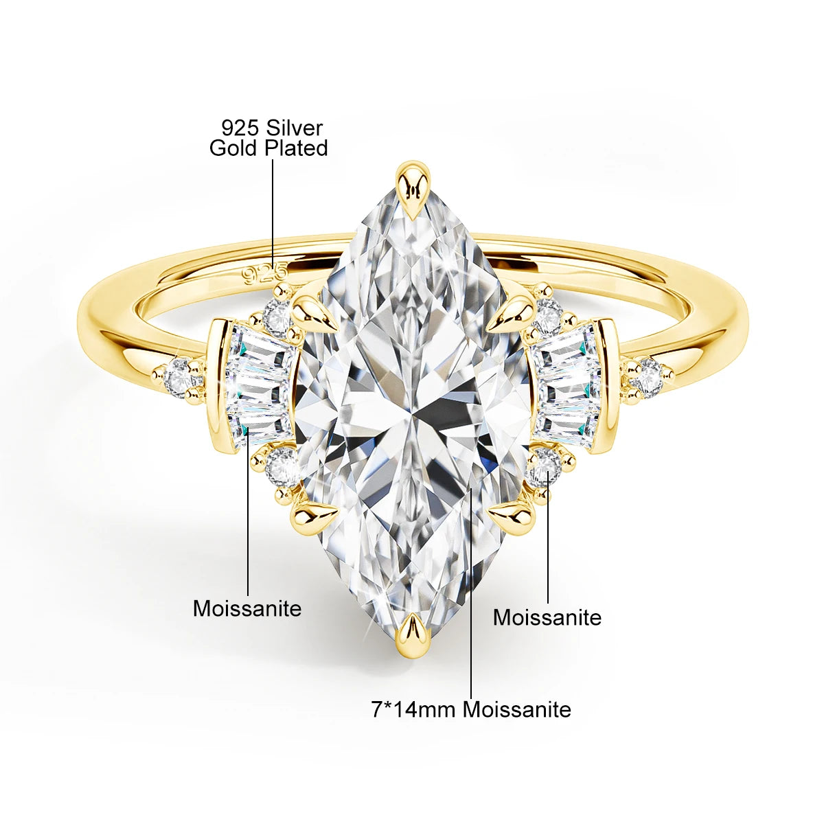 Gold-plated ring with marquise-shaped gemstone and labeled 'moissanite' on a white background