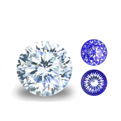 Round diamonds with a plum blossom cut on a white background, featuring text about diamond characteristics.