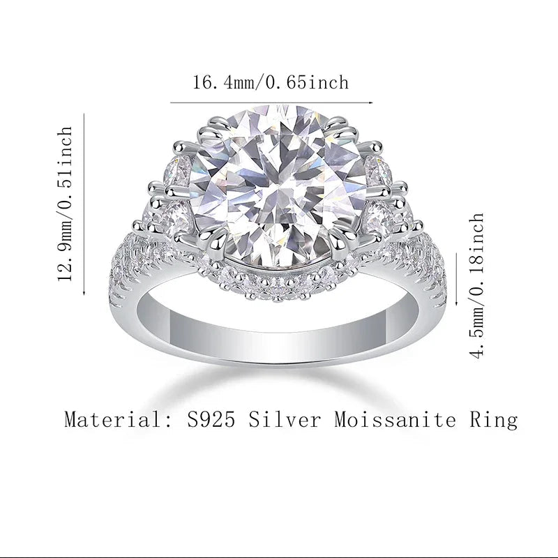 Silver moissanite ring with measurements and material details on a white background