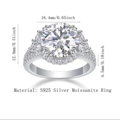 Silver moissanite ring with measurements and material details on a white background