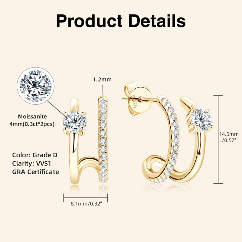 Luxury Elegant Moissanite Earrings. Gold Plated Silver.