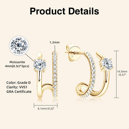 Luxury Elegant Moissanite Earrings. Gold Plated Silver.