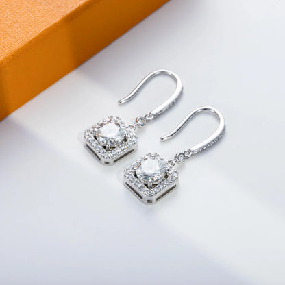 All Moissanite Drop Earrings. 2.0 Carat. 18K White Gold Plated Silver