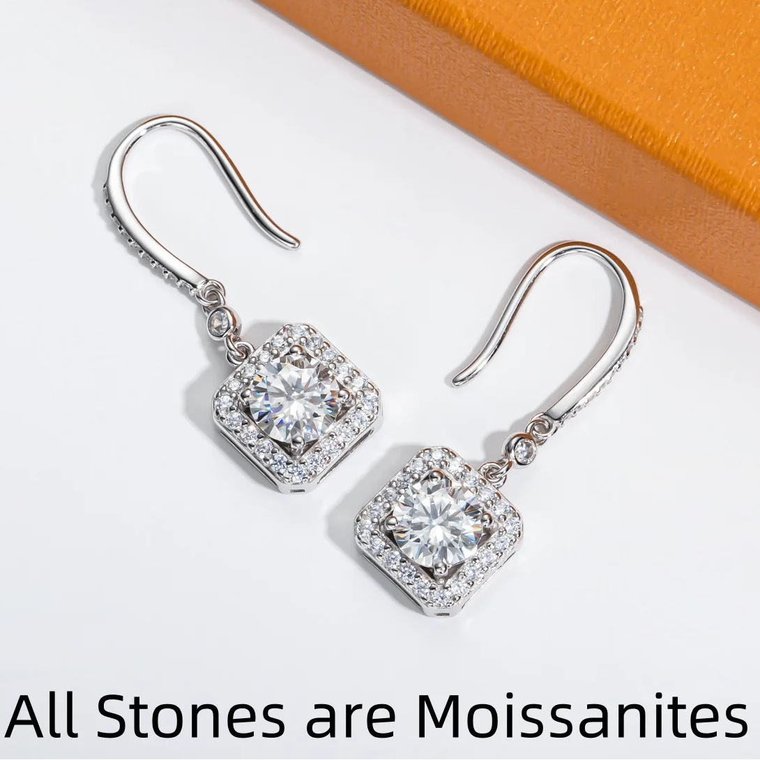 All Moissanite Drop Earrings. 2.0 Carat. D VVS1. 18K White Gold Plated Silver