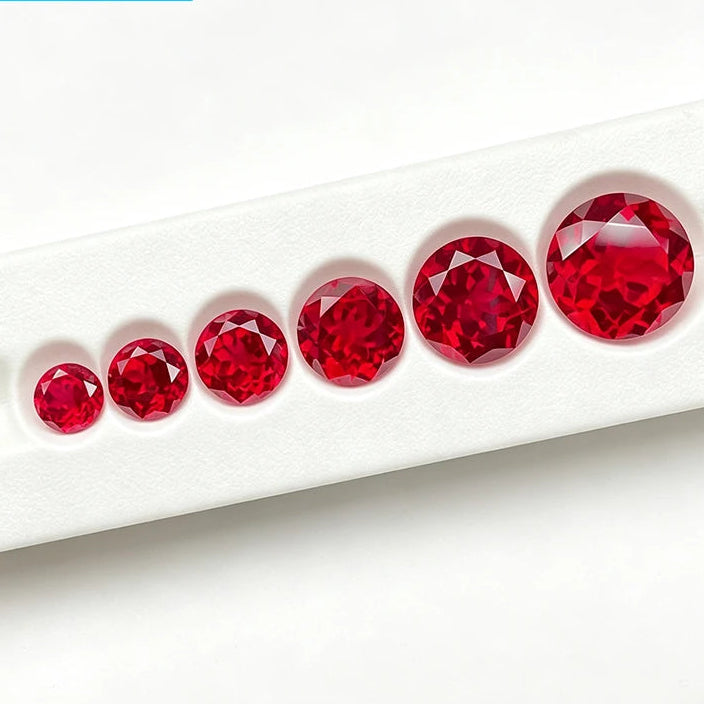 Brilliant round cut lab-created ruby gemstone with deep pigeon blood red color