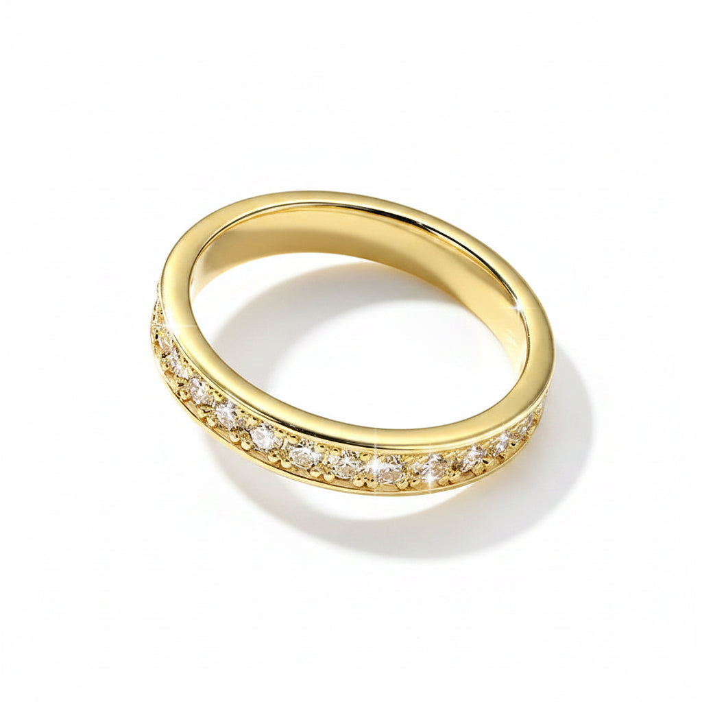 Close-up of 2mm moissanite stones on 14K gold filled half eternity band, showcasing high brilliance and fine setting.