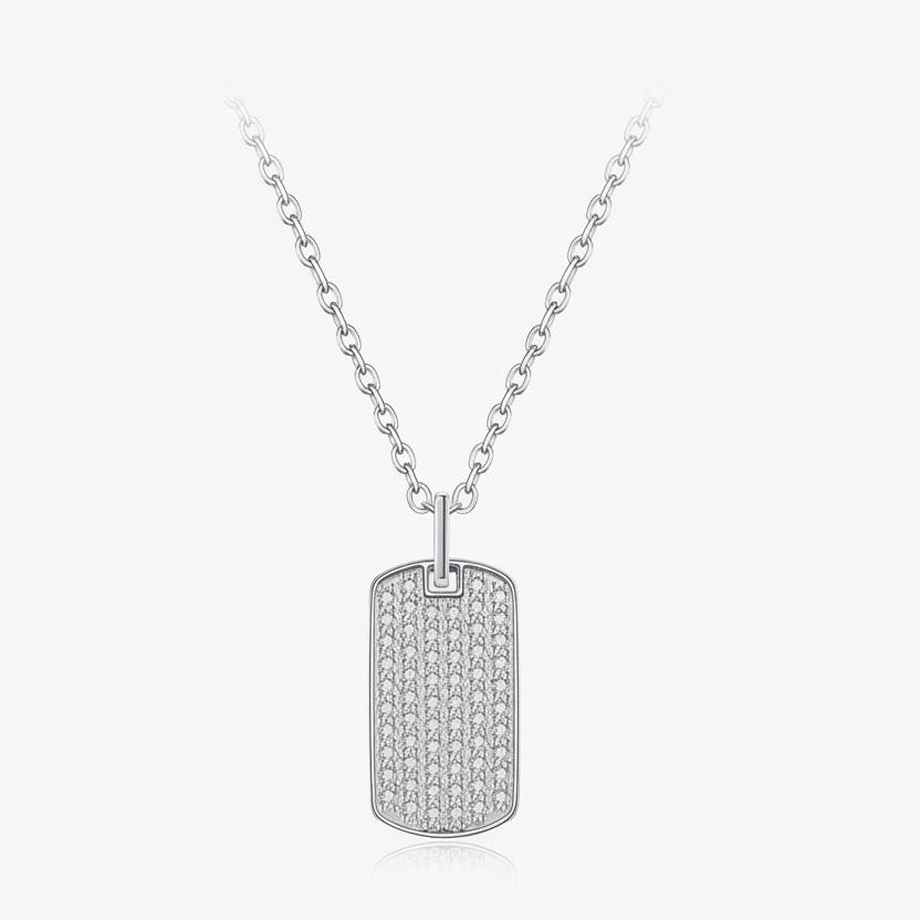 Close-up of Moissanite Dog Tag Pendant in 925 Sterling Silver