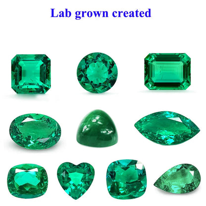 Collection of lab-grown hydrothermal Colombian emeralds in various shapes and cuts on a white background.