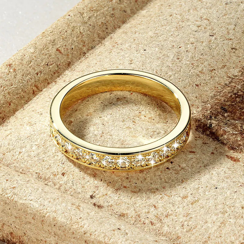Delicate 2mm moissanite half eternity ring, 14K gold filled band designed for elegant daily wear.