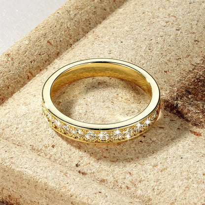 Delicate 2mm moissanite half eternity ring, 14K gold filled band designed for elegant daily wear.