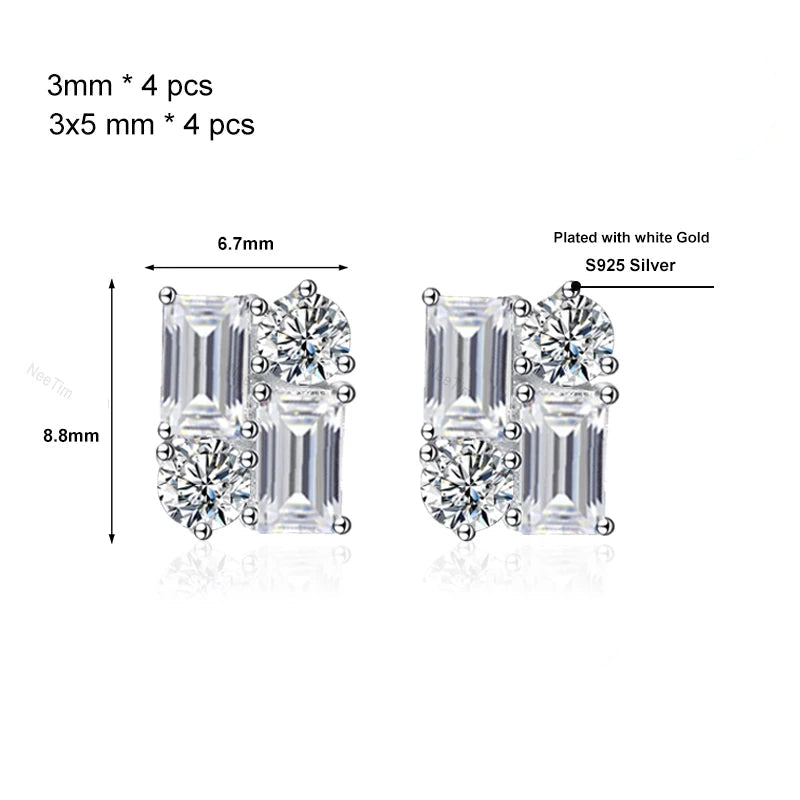 Diamond-shaped earrings with measurements and a diamond tester tool on a white background.