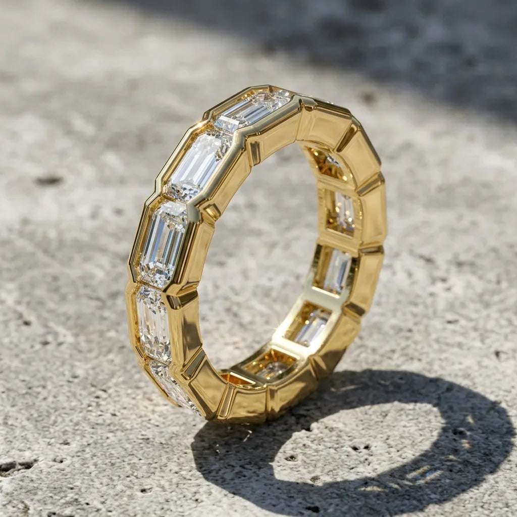 Emerald Cut Moissanite Eternity Ring in Gold Plated 925 Silver