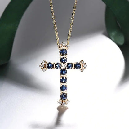 Luxury Cross Pendant. Blue and White Sapphire. 14K Yellow Gold.