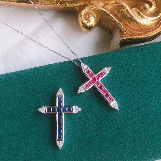 Natural Ruby, Sapphire, Diamond. Classic Cross Pendant Necklace.