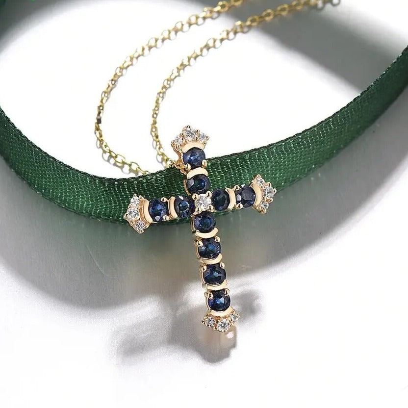 Luxury Cross Pendant. Blue and White Sapphire. 14K Yellow Gold.