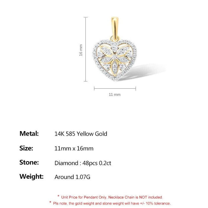 Heart Shaped Diamond Pendant. 14K Yellow Gold.