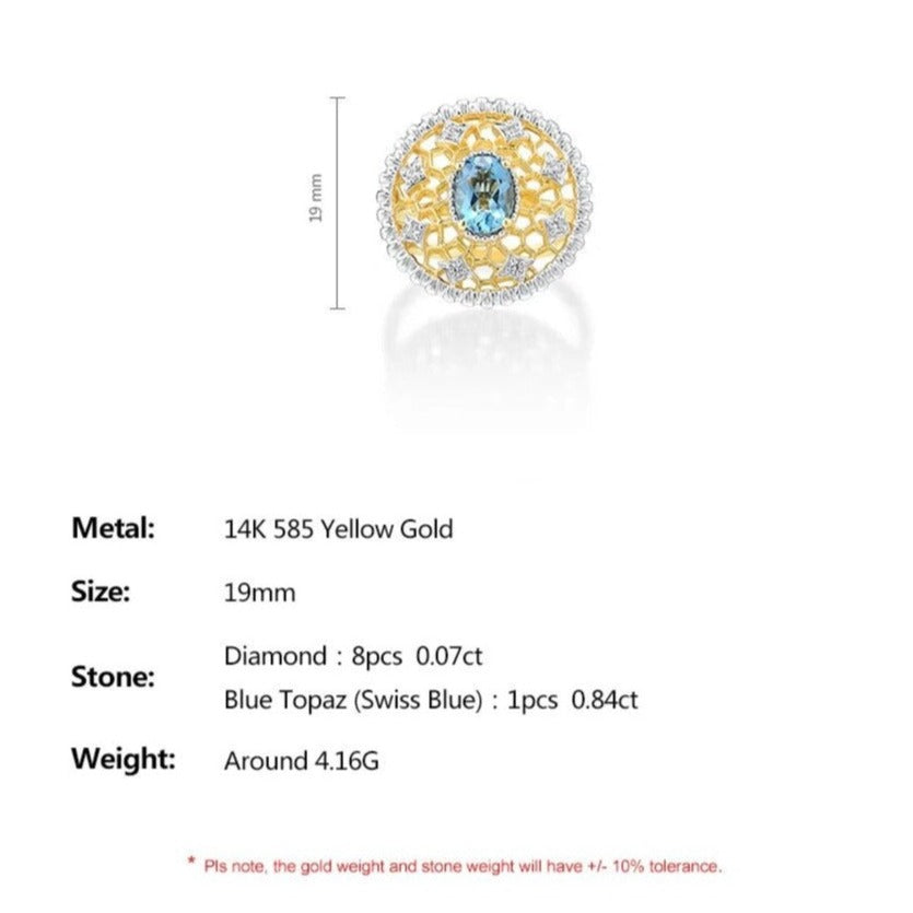 Blue Topaz and Diamond Big Round Rings. 14K Yellow Gold.