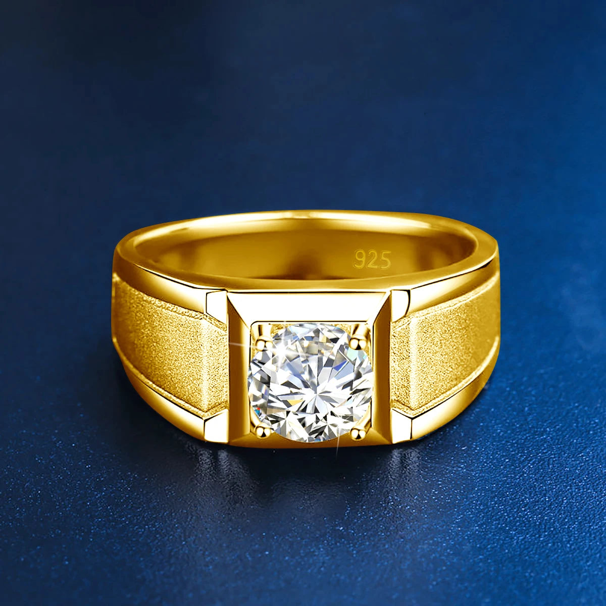 Moissanite Mens Rings. 2.0 Carat. D VVS1. 18K Gold Plated Silver.