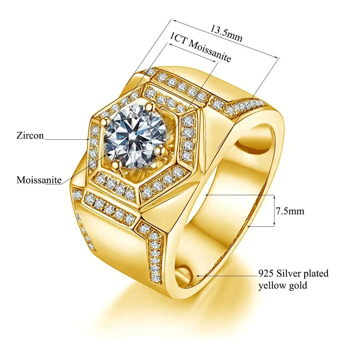 Moissanite Rings For Men. 1.0 Carat. D VVS1. 18K Gold Plated Silver.