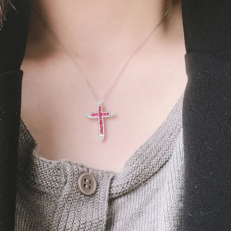 Natural Ruby, Sapphire, Diamond. Classic Cross Pendant Necklace.