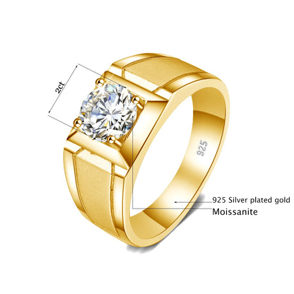 Moissanite Mens Rings. 2.0 Carat. D VVS1. 18K Gold Plated Silver.