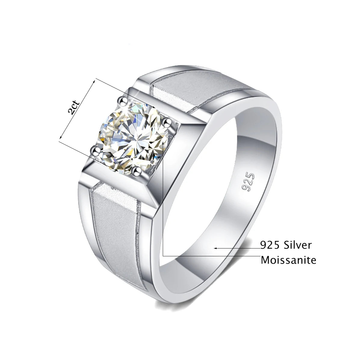 Moissanite Mens Rings. 2.0 Carat. D VVS1. 18K Gold Plated Silver.