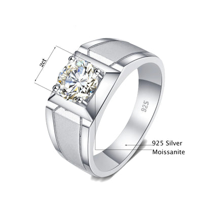 Moissanite Mens Rings. 2.0 Carat. D VVS1. 18K Gold Plated Silver.