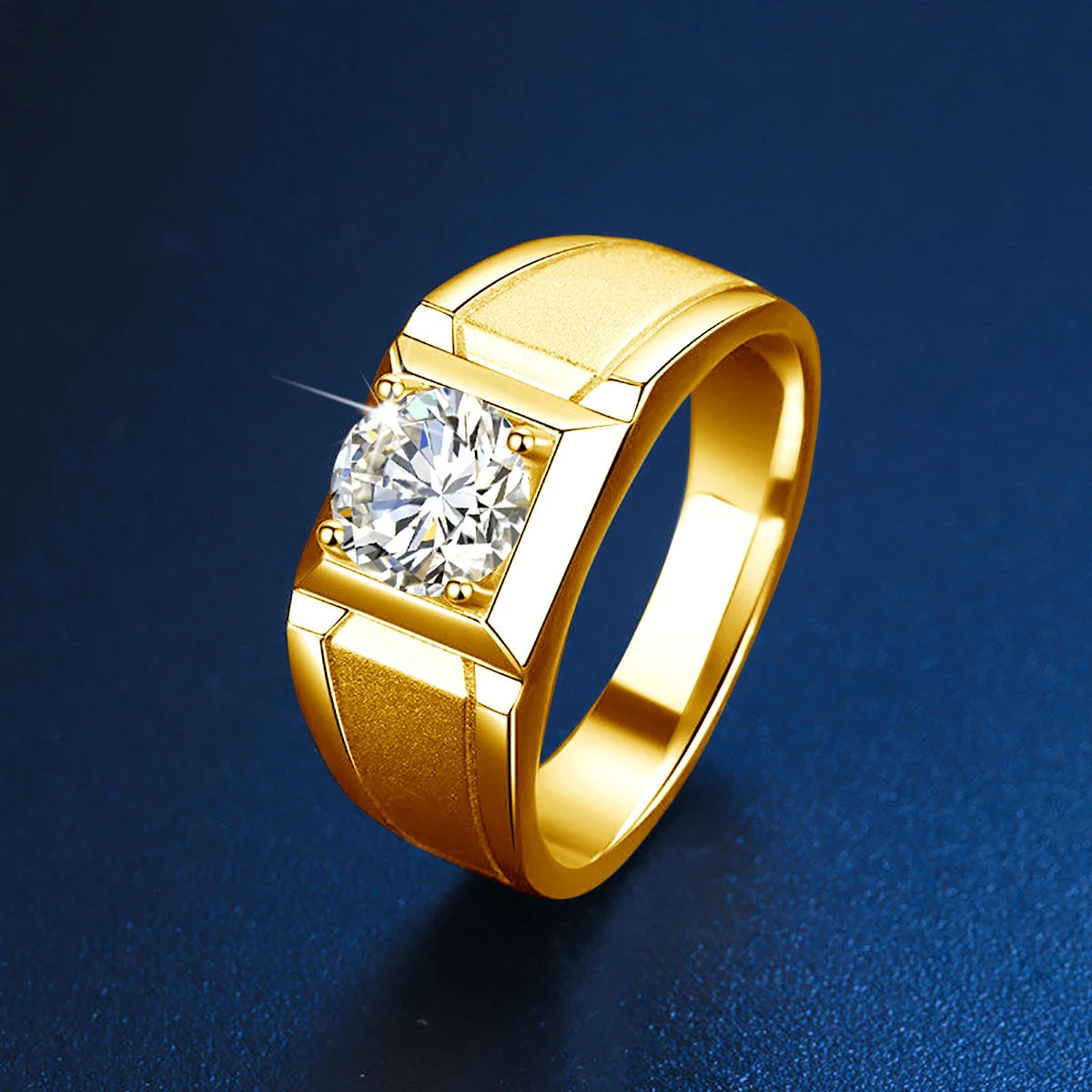 Moissanite Mens Rings. 2.0 Carat. D VVS1. 18K Gold Plated Silver.