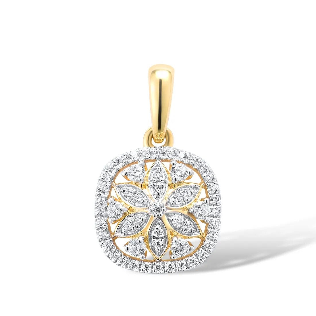 Flower Shaped Pendant. Natural Diamonds 14K Yellow Gold.