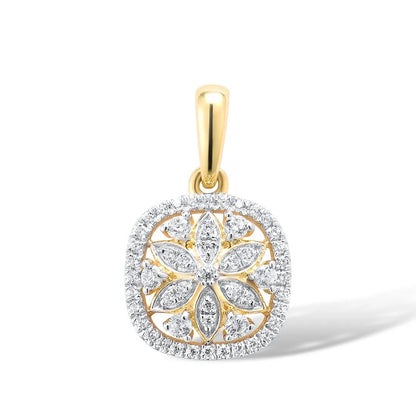 Flower Shaped Pendant. Natural Diamonds 14K Yellow Gold.