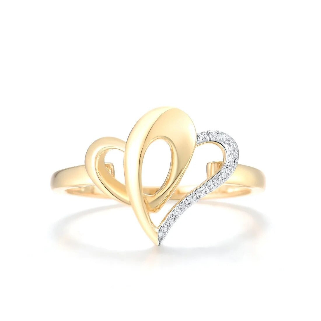 Heart-Shaped Elegant Diamond Rings. 14K Yellow Gold.