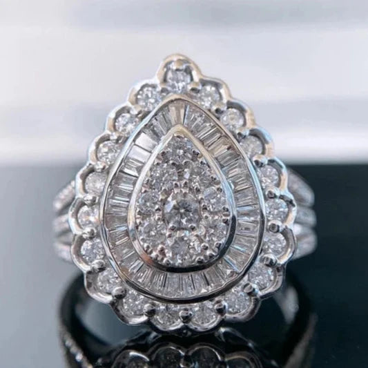 1.20ct Real Diamond Luxury Waterdrop Ring in 18K White Gold.
