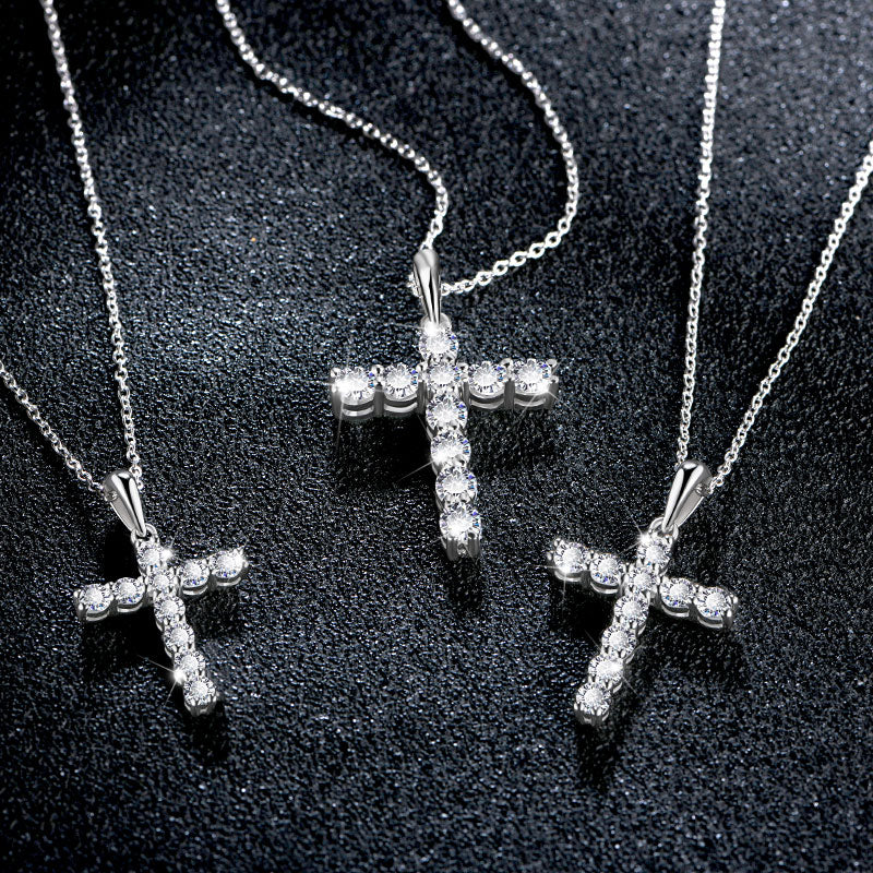 Handmade Cross Pendant, Necklace. Moissanite Gemstones. 18K White Gold Plated Silver.
