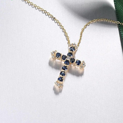 Luxury Cross Pendant. Blue and White Sapphire. 14K Yellow Gold.