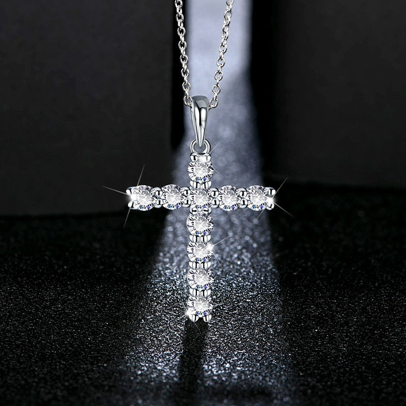 Handmade Cross Pendant, Necklace. Moissanite Gemstones. 18K White Gold Plated Silver.