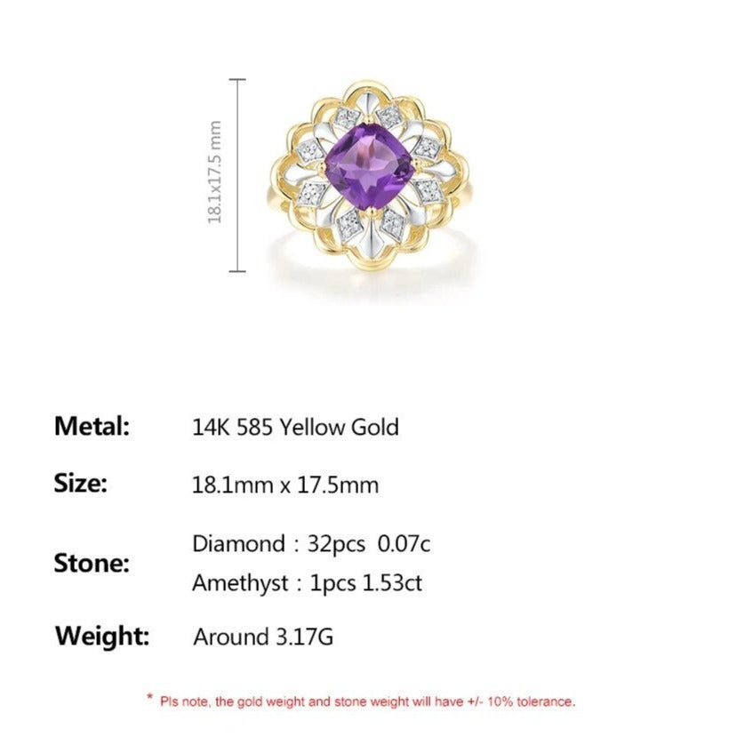 Genuine Amethyst and Diamond Elegant Rings. 14K Yellow Gold.