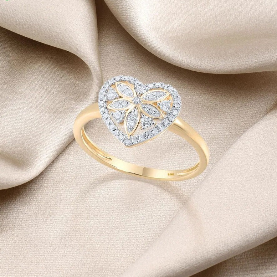 Heart-Shaped Natural Diamond Rings. 14K Yellow Gold Rings.